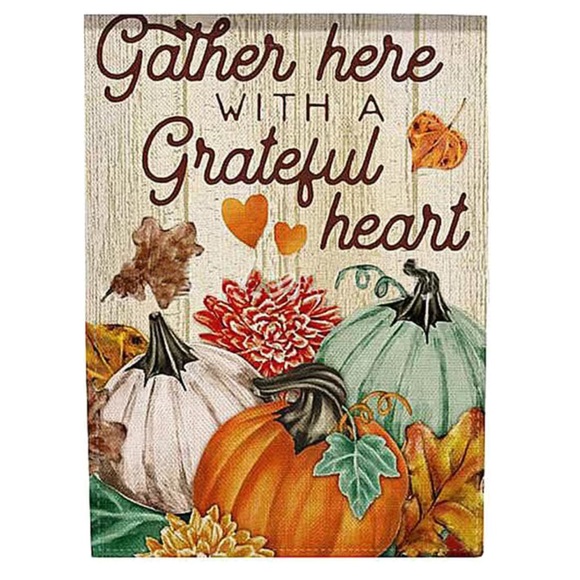 NIP Gather Here Orange Teal White Pumpkin Garden Flag, Double Sided - Picture 2 of 3